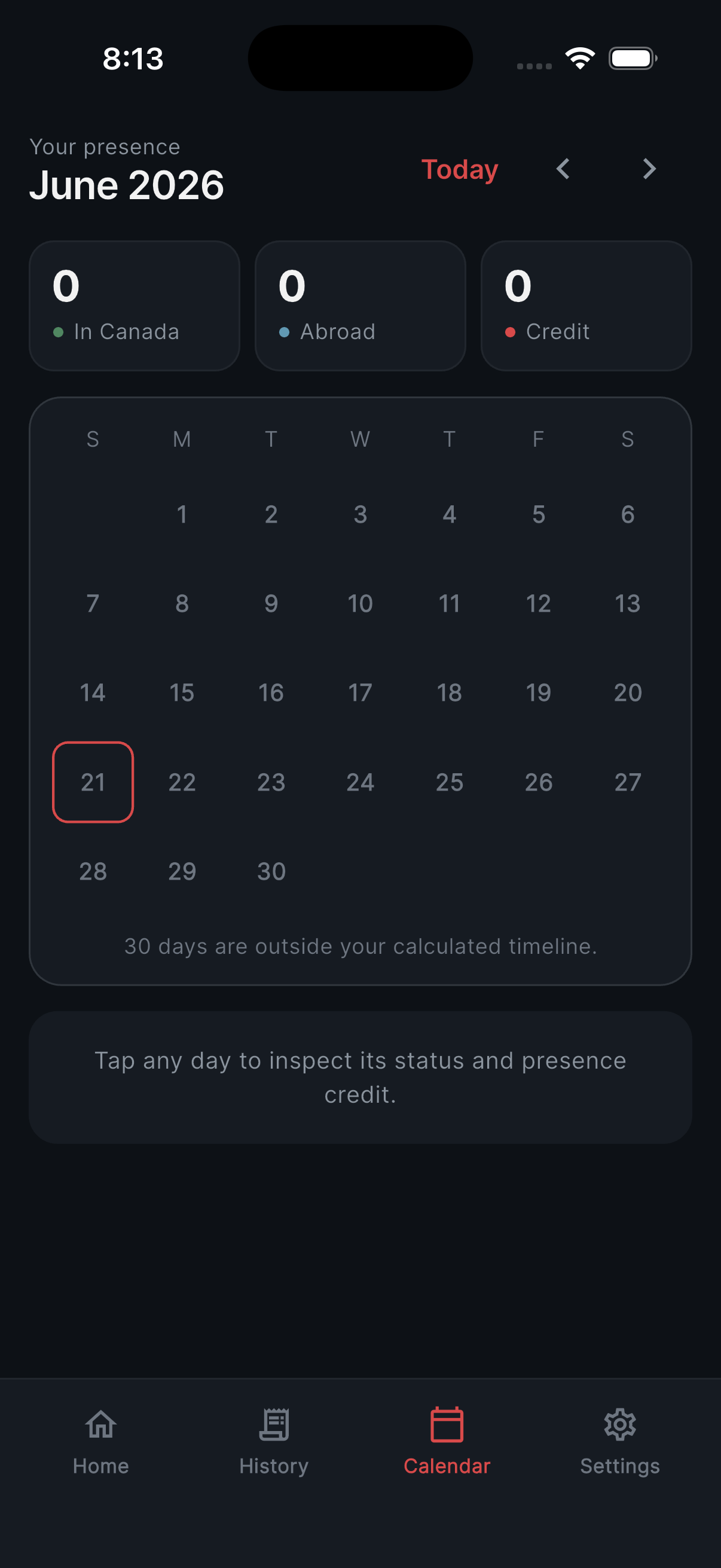 PresencePath monthly presence calendar in dark mode